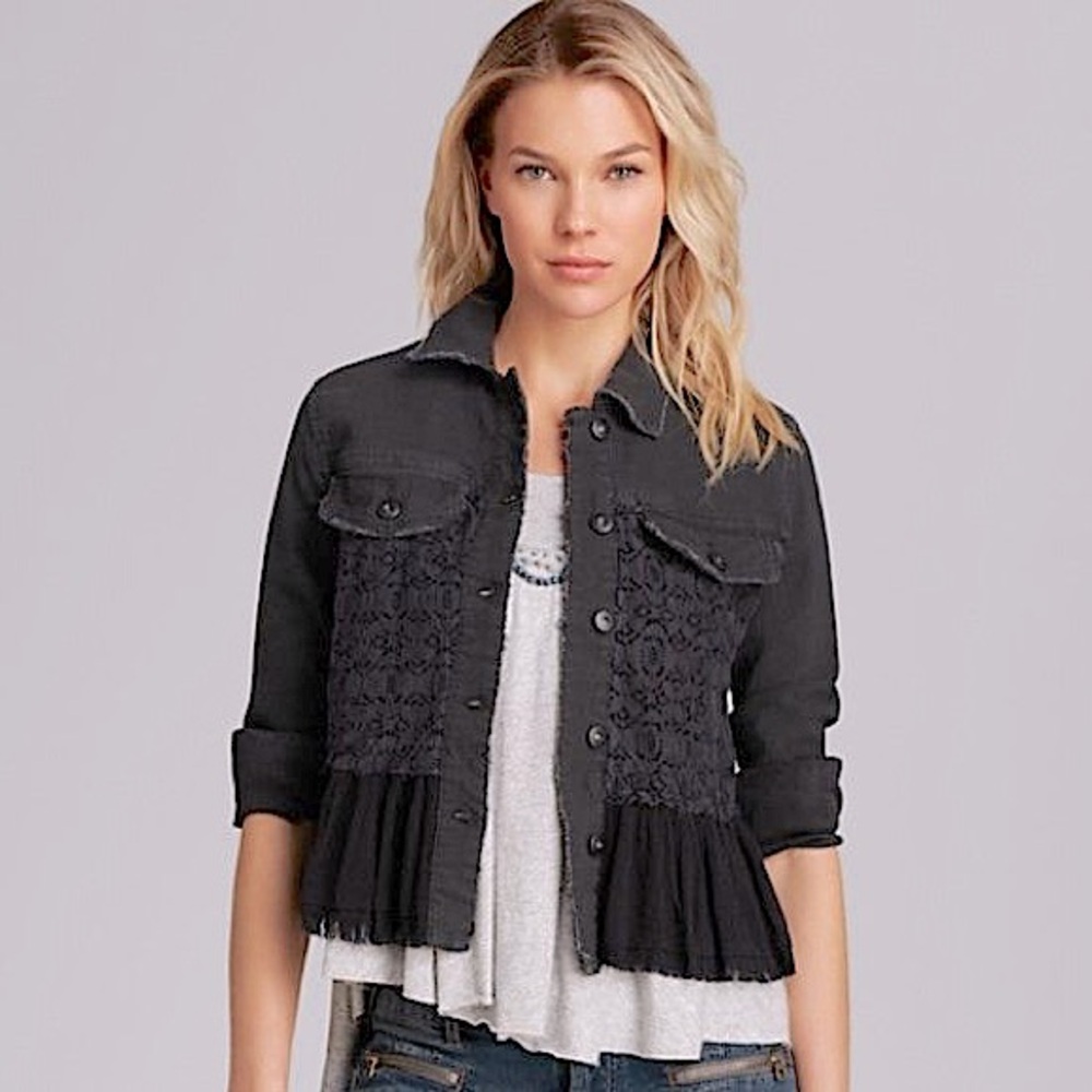 🆕 FREE PEOPLE Black Denim & Lace Mixed Jean Jacket XS